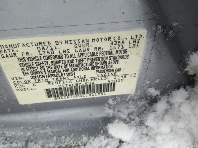 3N1CN7AP8CL811851 - 2012 NISSAN VERSA S GRAY photo 10