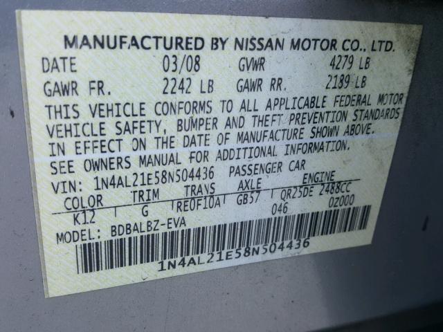 1N4AL21E58N504436 - 2008 NISSAN ALTIMA 2.5 SILVER photo 10