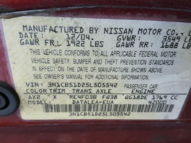 3N1CB51D25L505542 - 2005 NISSAN SENTRA 1.8 RED photo 10