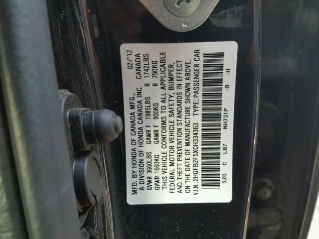 2HGFB2F5XCH334363 - 2012 HONDA CIVIC LX BLACK photo 10