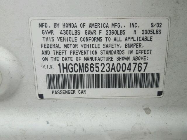 1HGCM66523A004767 - 2003 HONDA ACCORD EX WHITE photo 10