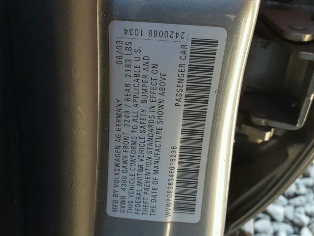 WVWPD63B34E016236 - 2004 VOLKSWAGEN PASSAT GLS SILVER photo 10