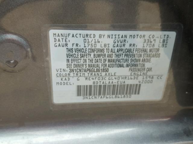 3N1CN7AP6GL861850 - 2016 NISSAN VERSA S GRAY photo 10