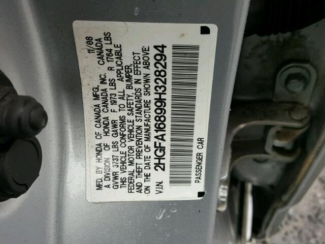 2HGFA16899H328294 - 2009 HONDA CIVIC EX ვერცხლისფერი ფოტო 10