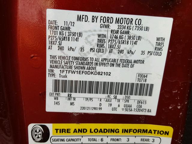 1FTFW1EF0DKD82102 - 2013 FORD F150 SUPER RED photo 10