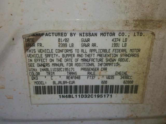 1N4BL11D32C195171 - 2002 NISSAN ALTIMA SE WHITE photo 10