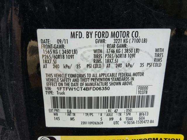 1FTFW1CT4BFD06350 - 2011 FORD F150 SUPER BLACK photo 10