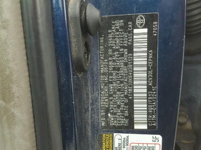 4T1BE32K64U381129 - 2004 TOYOTA CAMRY LE BLUE photo 10