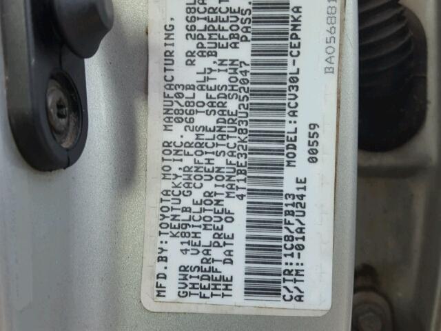 4T1BE32K83U252047 - 2003 TOYOTA CAMRY LE SILVER photo 10