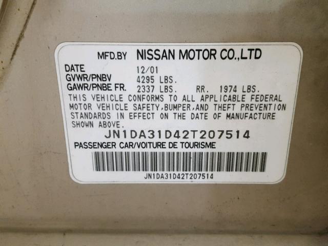 JN1DA31D42T207514 - 2002 NISSAN MAXIMA GLE GOLD photo 10