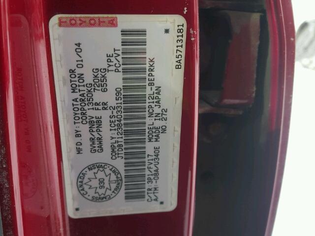 JTDBT123840331590 - 2004 TOYOTA ECHO RED photo 10