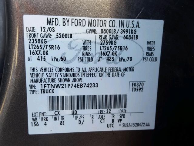 1FTNW21P74EB74233 - 2004 FORD F250 SUPER GRAY photo 10