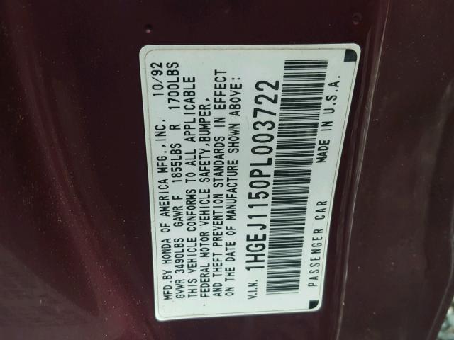 1HGEJ1150PL003722 - 1993 HONDA CIVIC EX იასამნისფერი ფოტო 10