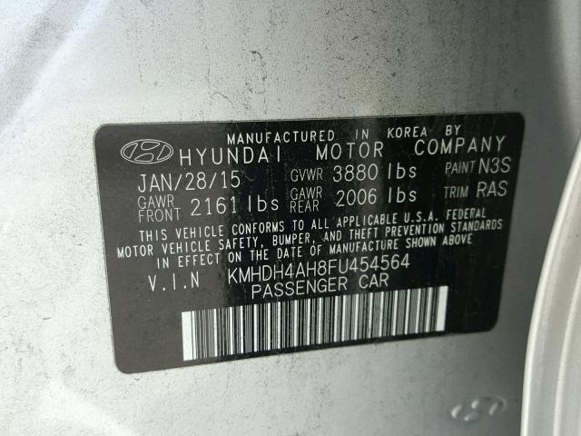 KMHDH4AH8FU454564 - 2015 HYUNDAI ELANTRA SE SILVER photo 10