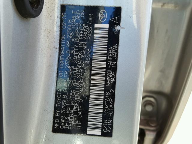 JTDKB20U753045668 - 2005 TOYOTA PRIUS SILVER photo 10