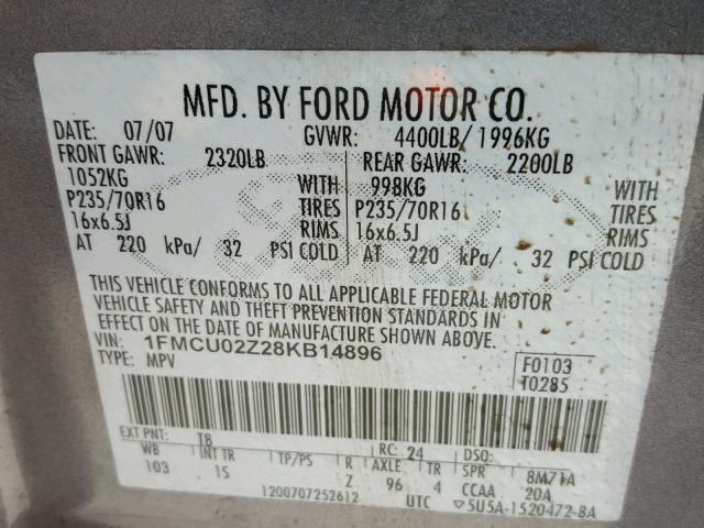 1FMCU02Z28KB14896 - 2008 FORD ESCAPE XLS GRAY photo 10