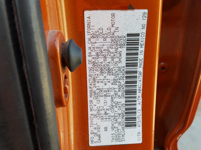 3TMLU4EN3CM082126 - 2012 TOYOTA TACOMA DOU ORANGE photo 10