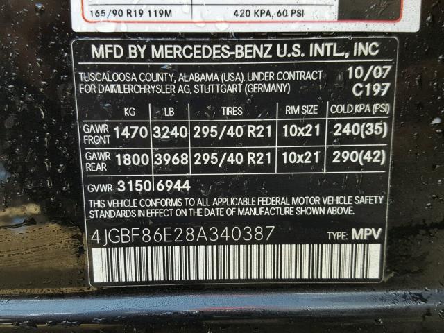 4JGBF86E28A340387 - 2008 MERCEDES-BENZ GL 550 4MA BLACK photo 10