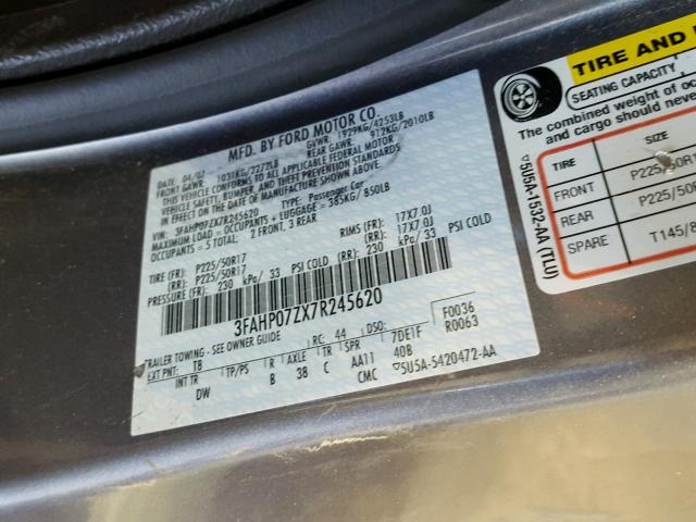 3FAHP07ZX7R245620 - 2007 FORD FUSION SE GRAY photo 10