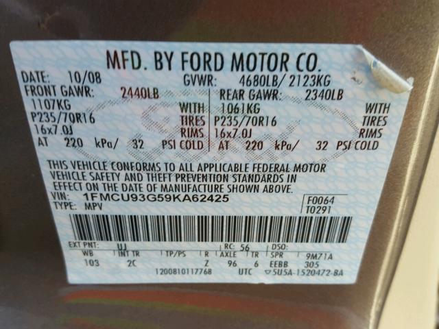 1FMCU93G59KA62425 - 2009 FORD ESCAPE XLT GRAY photo 10