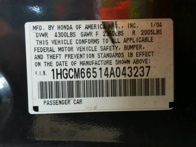 1HGCM66514A043237 - 2004 HONDA ACCORD EX CHARCOAL photo 10