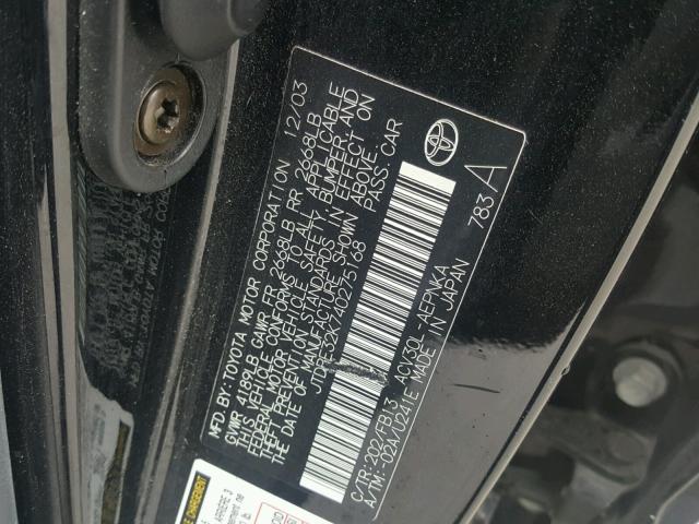 JTDBE32K740275168 - 2004 TOYOTA CAMRY LE BLACK photo 10