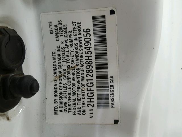 2HGFG12898H549056 - 2008 HONDA CIVIC EX თეთრი ფოტო 10