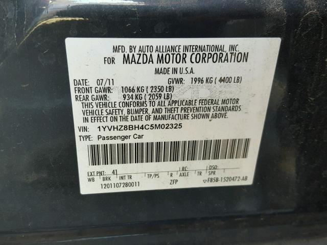 1YVHZ8BH4C5M02325 - 2012 MAZDA 6 I GRAY photo 10