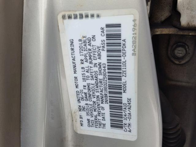 1NXBR18E02Z580443 - 2002 TOYOTA COROLLA CE GRAY photo 10