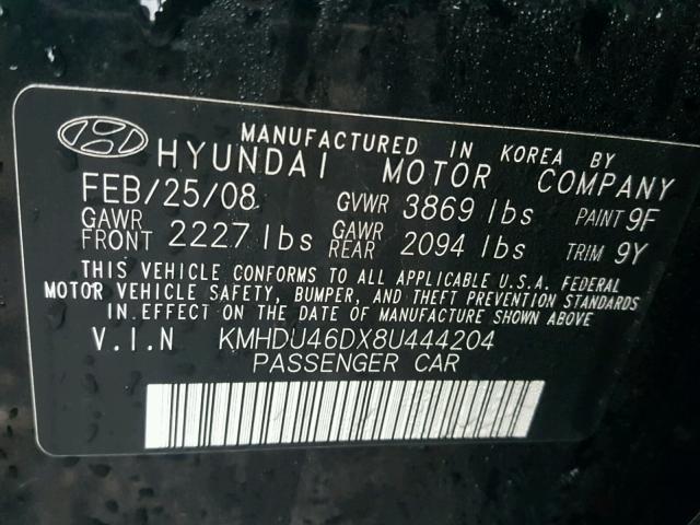 KMHDU46DX8U444204 - 2008 HYUNDAI ELANTRA GL BLACK photo 10