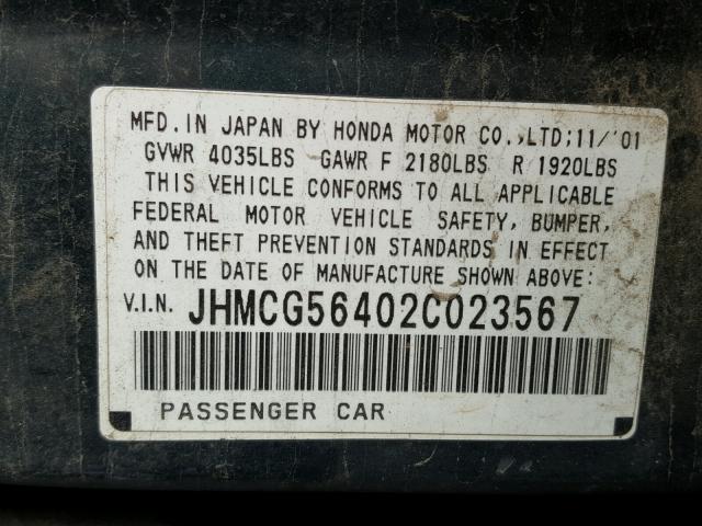 JHMCG56402C023567 - 2002 HONDA ACCORD LX GREEN photo 10