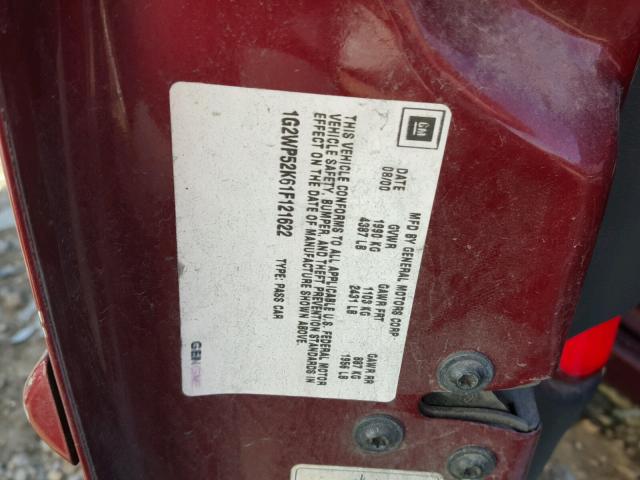 1G2WP52K61F121622 - 2001 PONTIAC GRAND PRIX MAROON photo 10