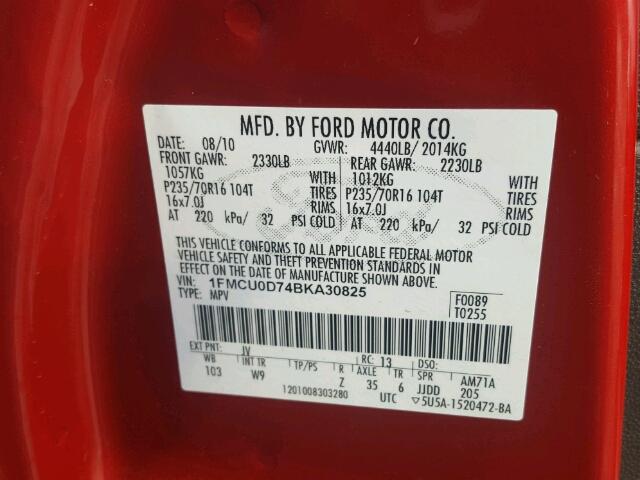 1FMCU0D74BKA30825 - 2011 FORD ESCAPE XLT RED photo 10