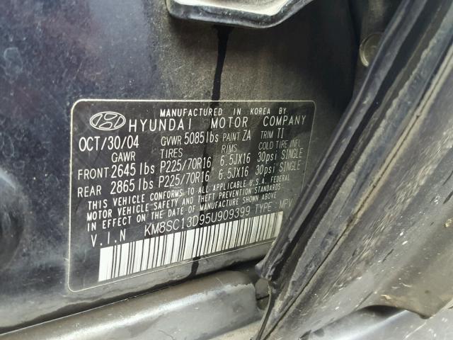 KM8SC13D95U909399 - 2005 HYUNDAI SANTA FE G BLUE photo 10