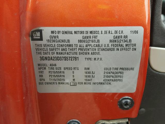 3GNDA23D37S572781 - 2007 CHEVROLET HHR LT ORANGE photo 10