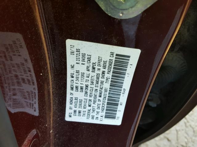 1HGCR3F87DA001861 - 2013 HONDA ACCORD EXL MAROON photo 10