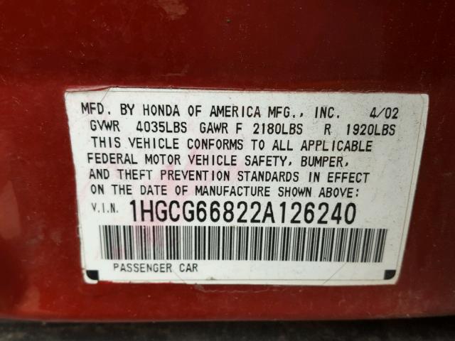 1HGCG66822A126240 - 2002 HONDA ACCORD EX RED photo 10