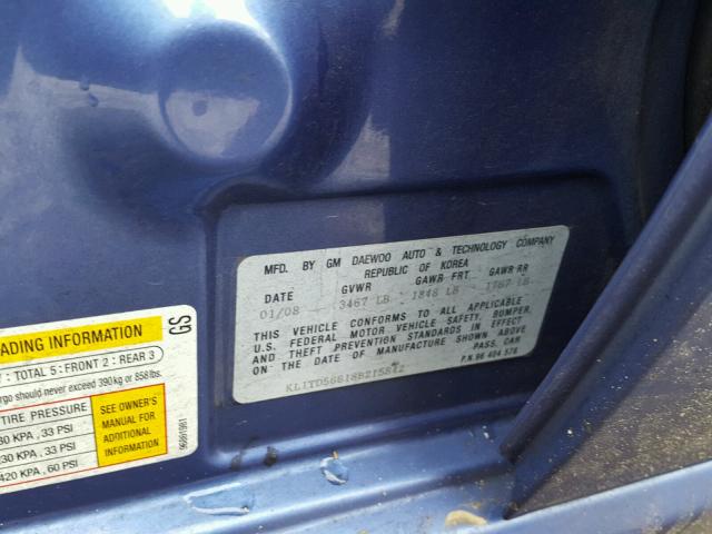 KL1TD56618B215842 - 2008 CHEVROLET AVEO BASE أزرق صورة 10