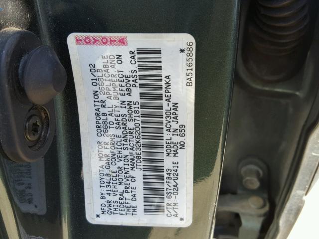 JTDBE32K620071815 - 2002 TOYOTA CAMRY LE GREEN photo 10