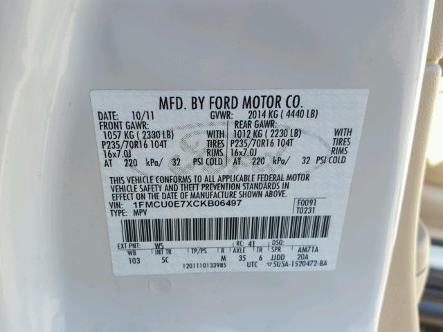 1FMCU0E7XCKB06497 - 2012 FORD ESCAPE LIM WHITE photo 10