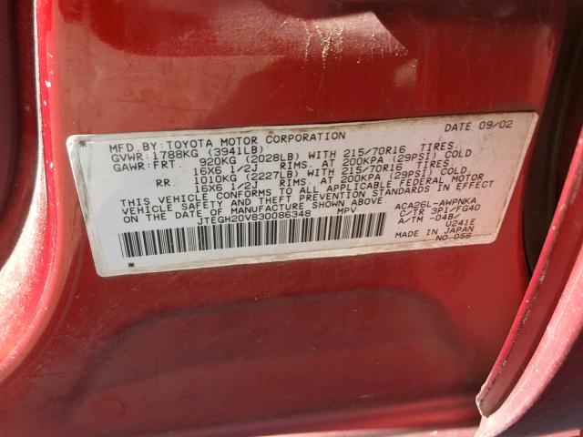 JTEGH20V830086348 - 2003 TOYOTA RAV4 RED photo 10