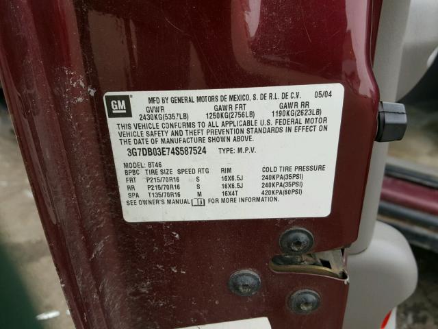 3G7DB03E74S587524 - 2004 PONTIAC AZTEK BURGUNDY photo 10