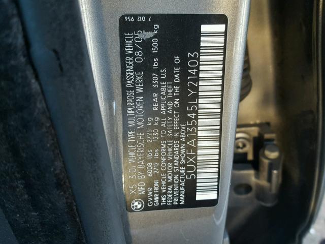 5UXFA13545LY21403 - 2005 BMW X5 3.0I GRAY photo 10