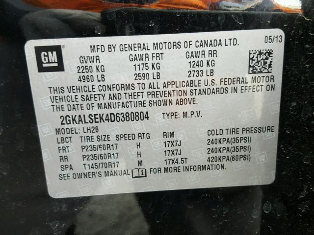 2GKALSEK4D6380804 - 2013 GMC TERRAIN SL BLACK photo 10