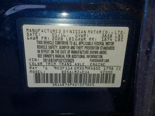 3N1AB7APXGY229825 - 2016 NISSAN SENTRA S BLUE photo 10