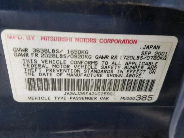 JA3AJ26E42U025901 - 2002 MITSUBISHI LANCER ES BLUE photo 10