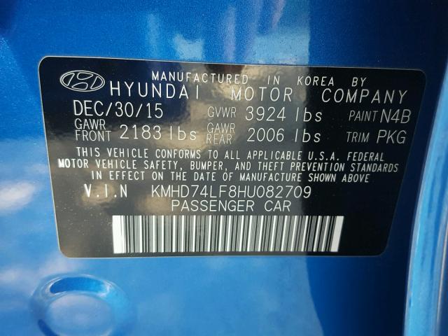 KMHD74LF8HU082709 - 2017 HYUNDAI ELANTRA SE BLUE photo 10