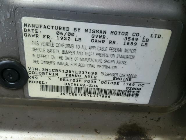 3N1CB51D8YL337698 - 2000 NISSAN SENTRA BAS TAN photo 10