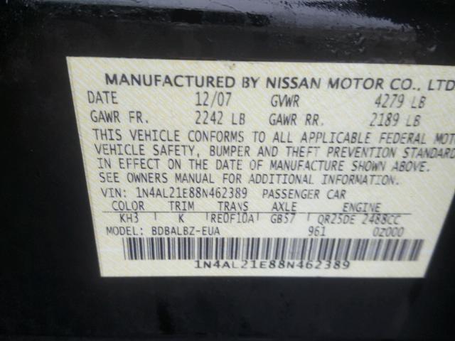 1N4AL21E88N462389 - 2008 NISSAN ALTIMA 2.5 BLACK photo 10