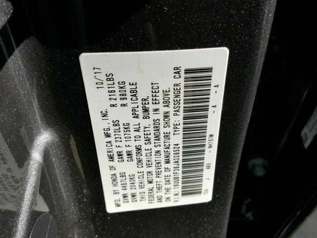 19UUB1F36JA008524 - 2018 ACURA TLX GRAY photo 10